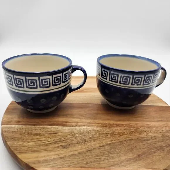 Pair Boleslawiec Polish Pottery Mugs Hand Made Cobalt Blue Greek Key Dot READ - Picture 6 of 10
